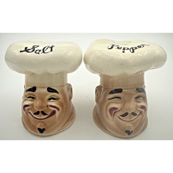 Vintage Large Chef Head/Hat Squinting Eyes Salt & Pepper Shaker Set Japan 4.5" - Picture 3 of 13